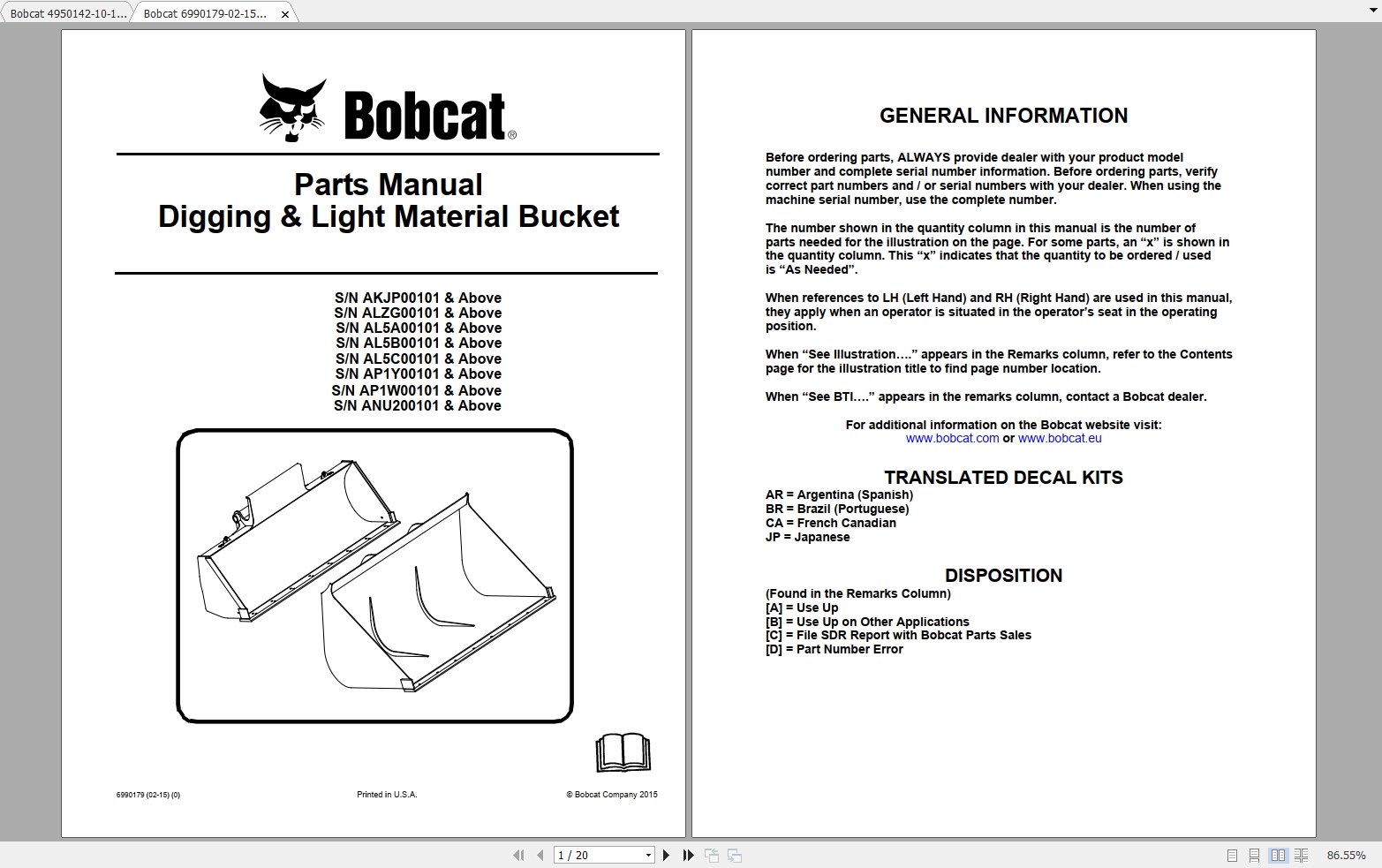 Bobcat Buckets Spare Parts Catalog