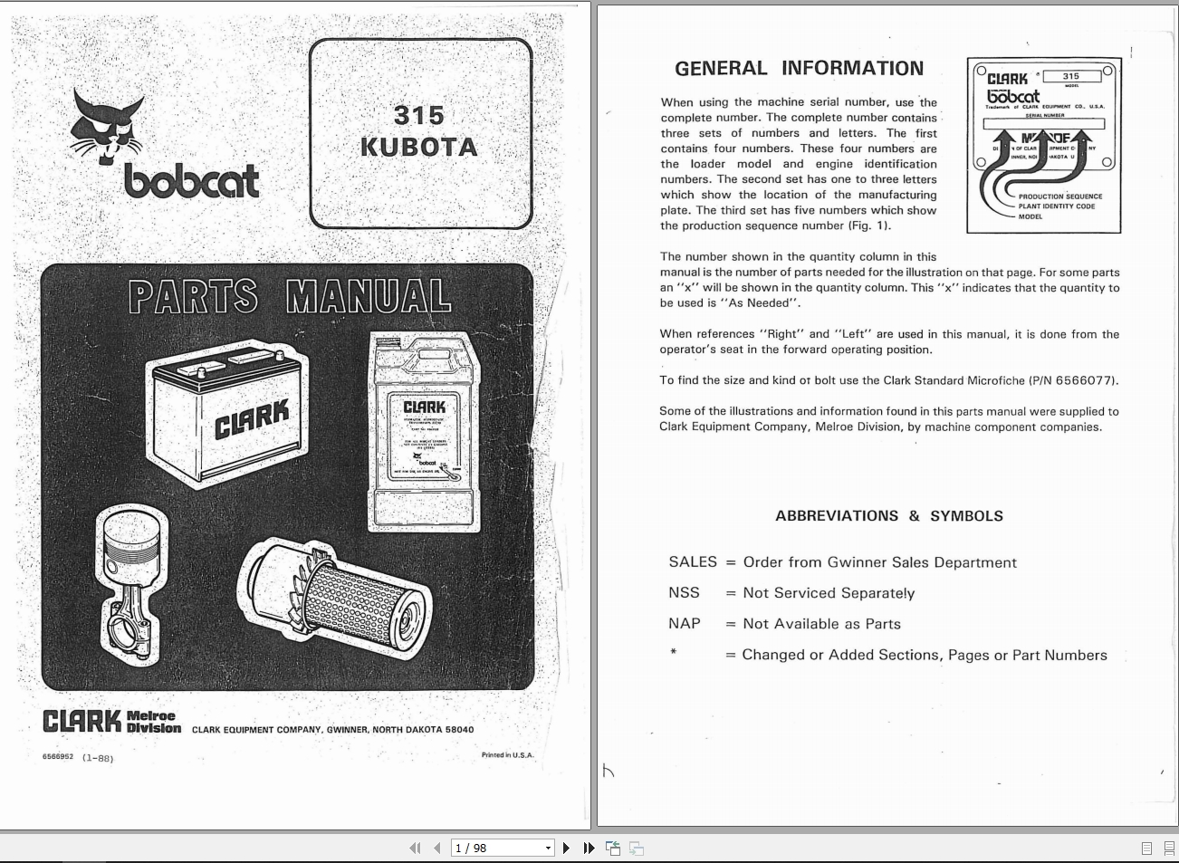 Bobcat Loader 315 Kubota Parts Manual6566952 1