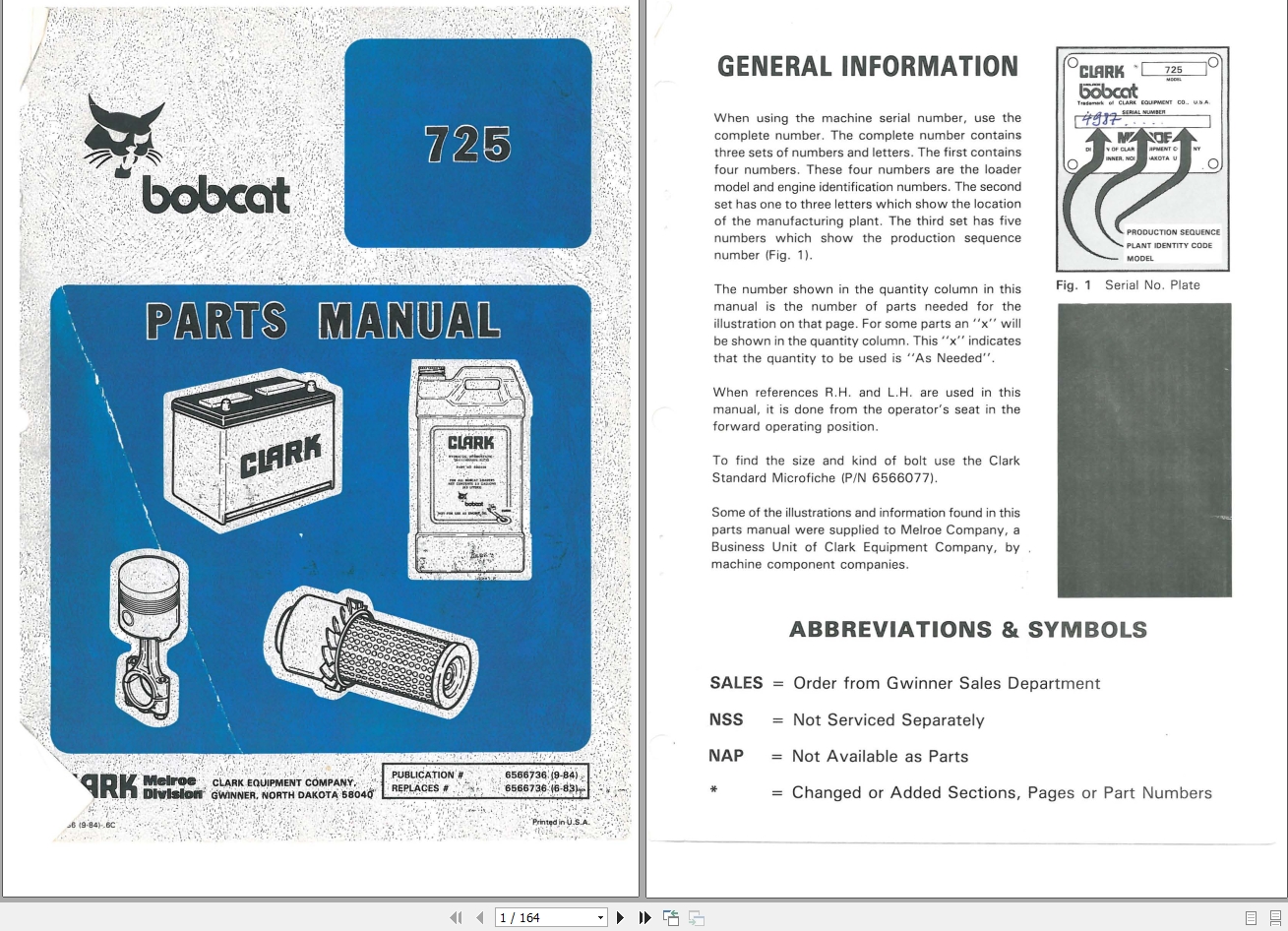 Bobcat Loader 725 Parts Manual 1