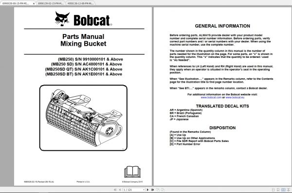 Bobcat Mixing Bucket Parts Manuals 1