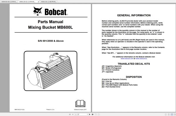 Bobcat Mixing Bucket Parts Manuals 2