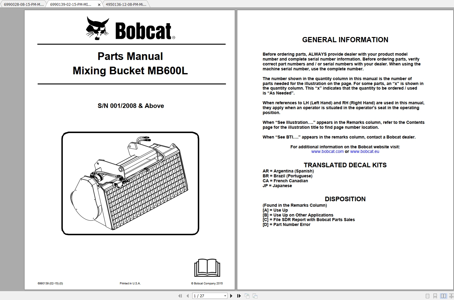 Bobcat Mixing Bucket Parts Manuals