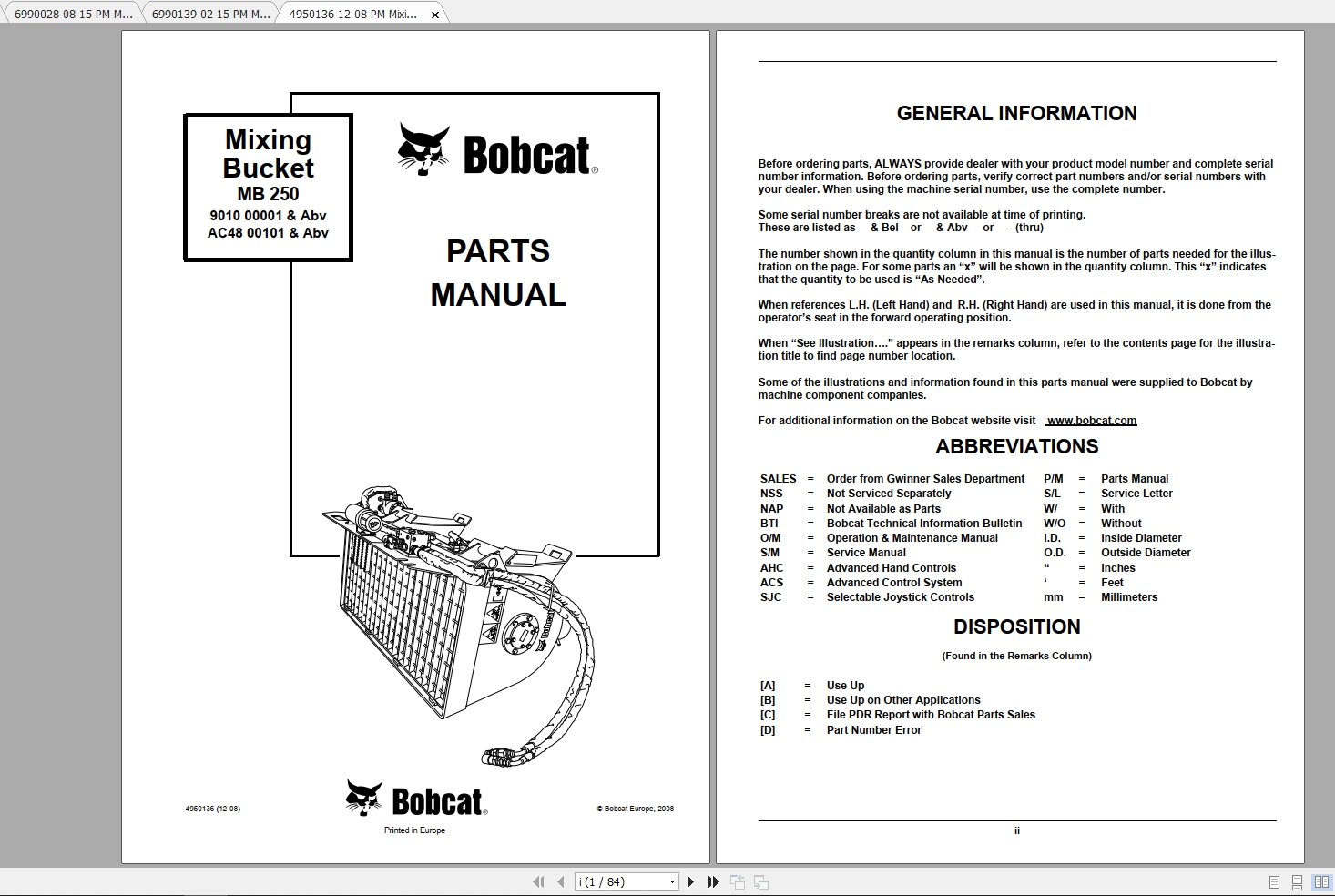 Bobcat Mixing Bucket Parts Manuals