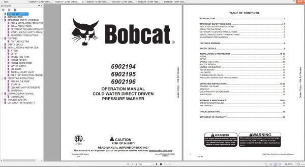 Bobcat Pressure Washer Operation Maintenance Manuals 1