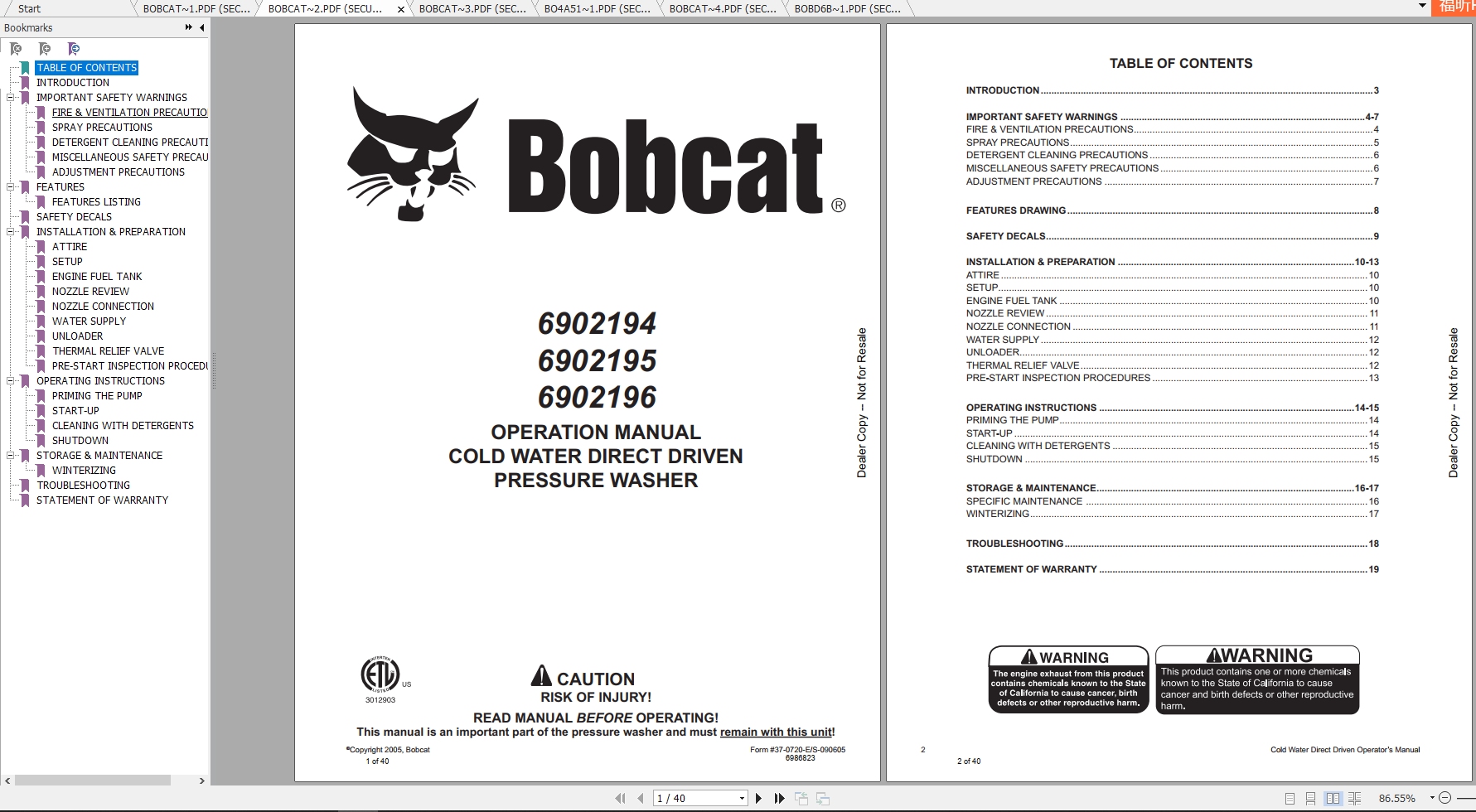 Bobcat Pressure Washer Operation Maintenance Manuals 1