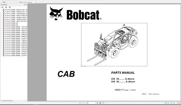 Bobcat TeleHandler Cab Parts Manual4950117 1