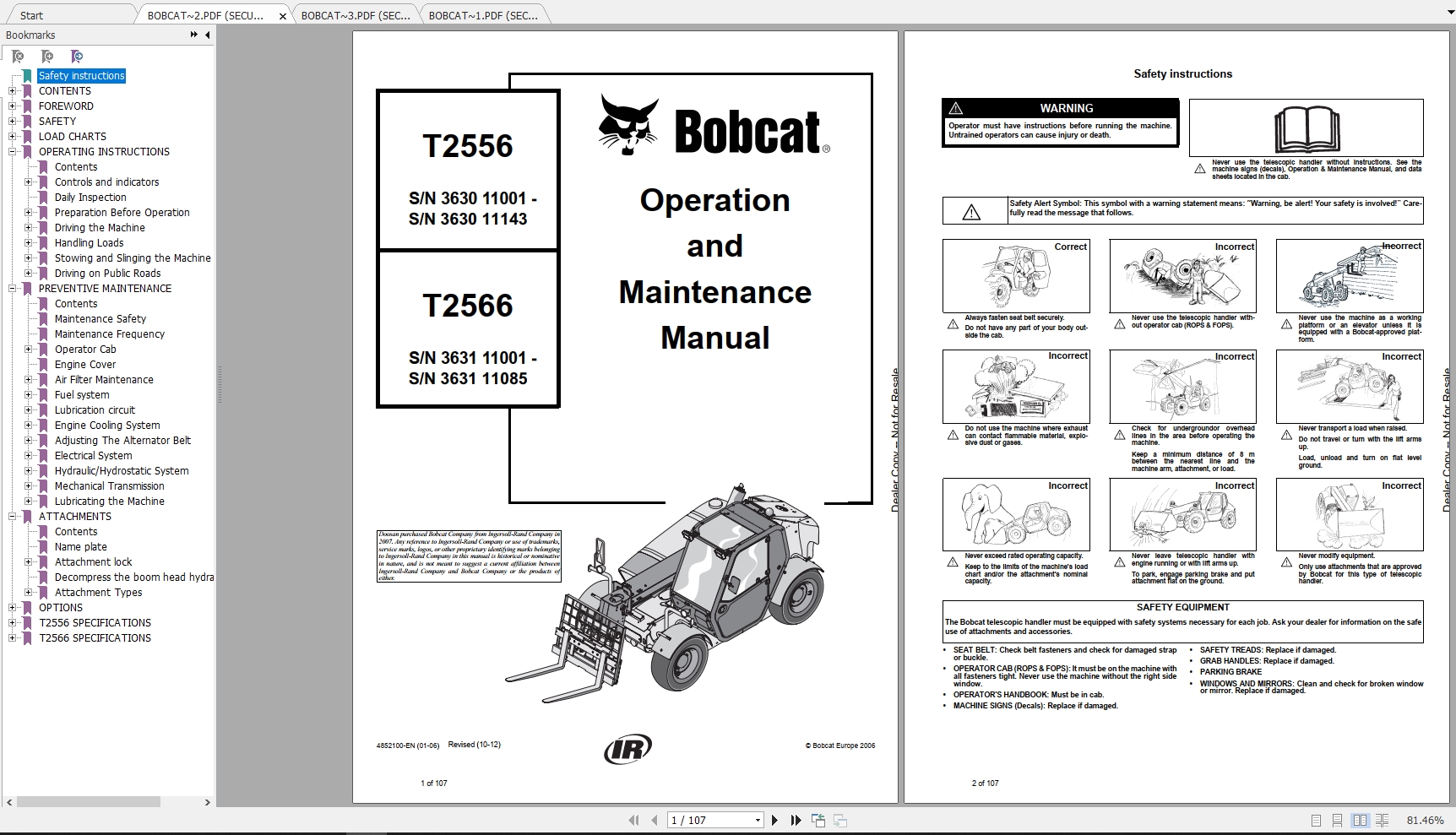 Bobcat Telescopic Handler T2556 T2566 Operation Maintenance Manuals 1