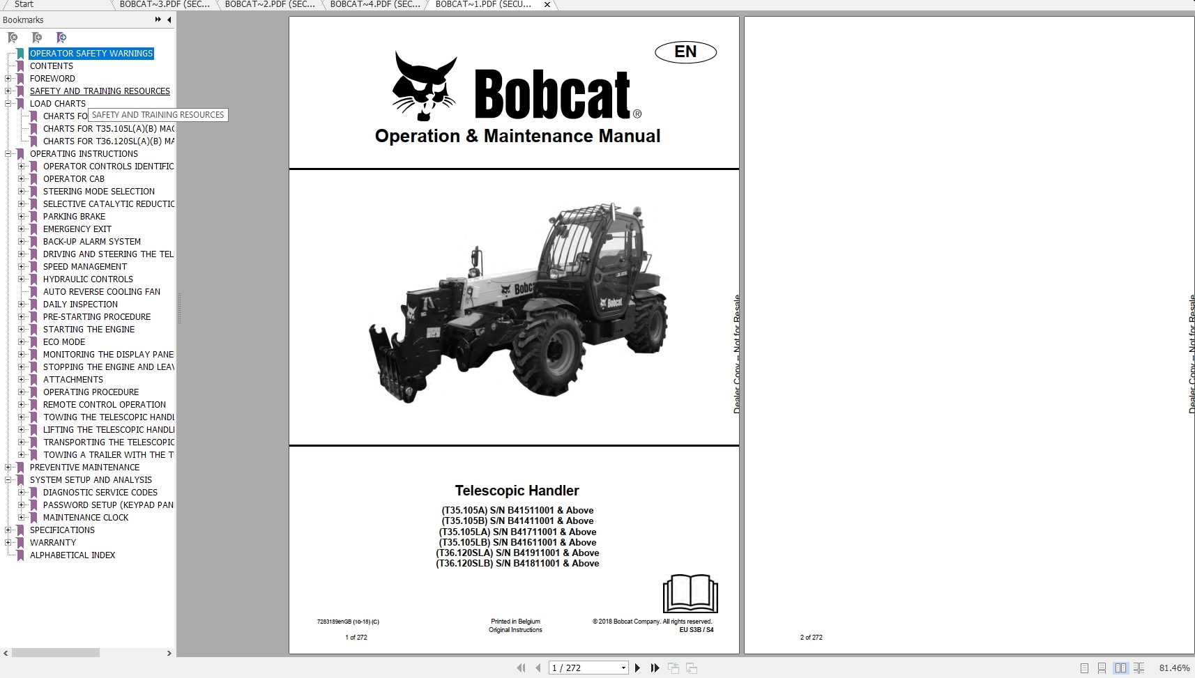 Bobcat Telescopic Handler T35105 T36120SL Operation Maintenance Manuals 1
