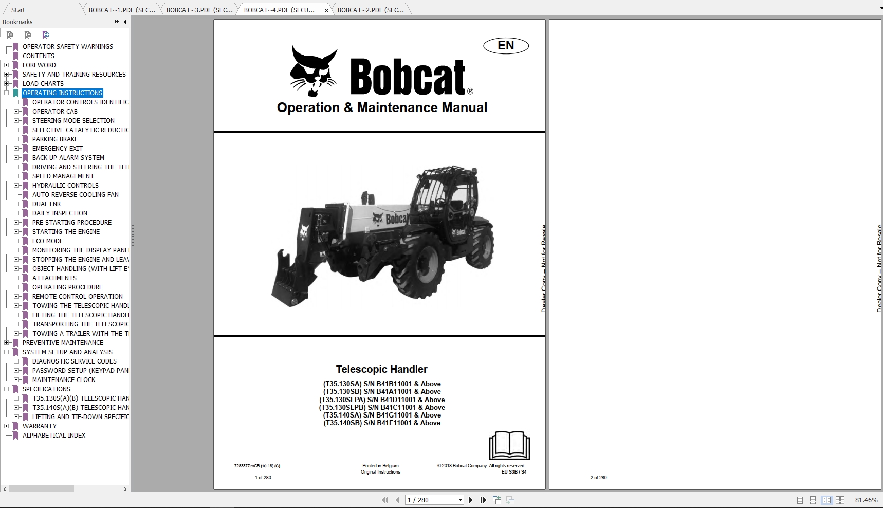 Bobcat Telescopic Handler T35130S T35140S Operation Maintenance Manuals 1