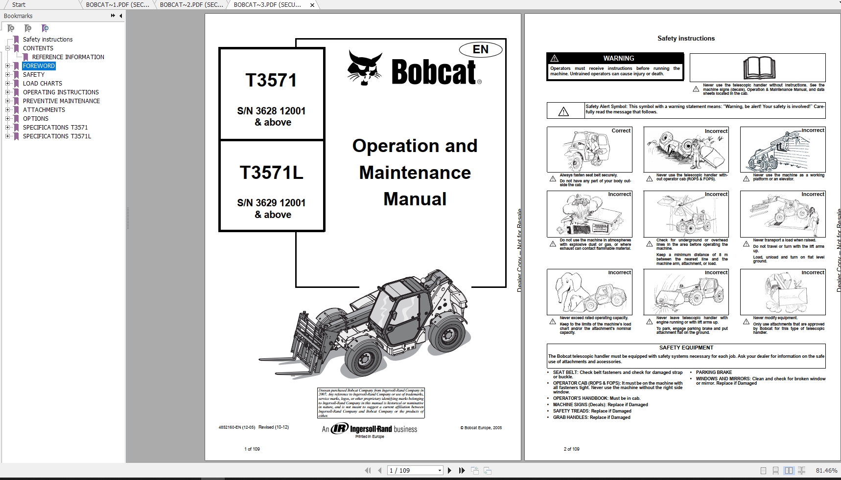 Bobcat Telescopic Handler T3571L Operation Maintenance Manuals 1