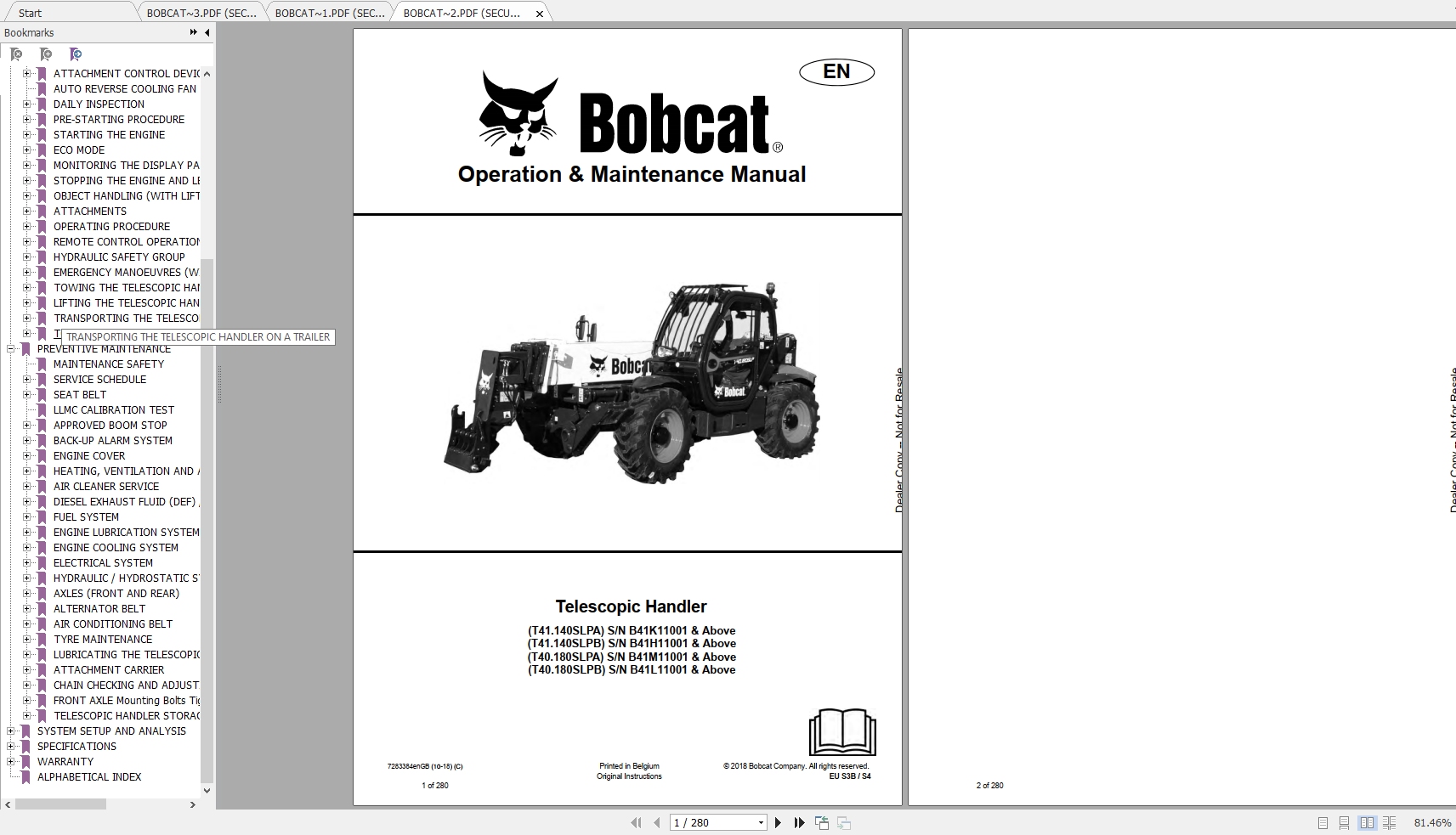 Bobcat Telescopic Handler T41140SLP T40180SLP Operation Maintenance Manuals 1
