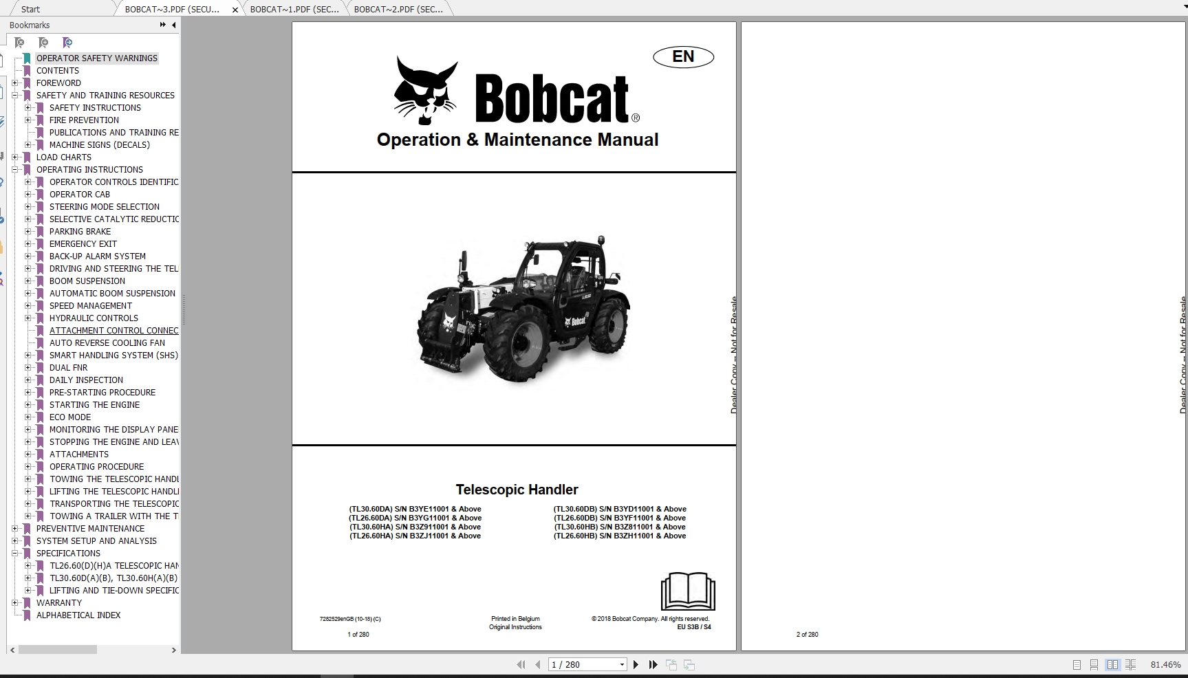 Bobcat Telescopic Handler TL2660 TL3060 Operation Maintenance Manuals 1