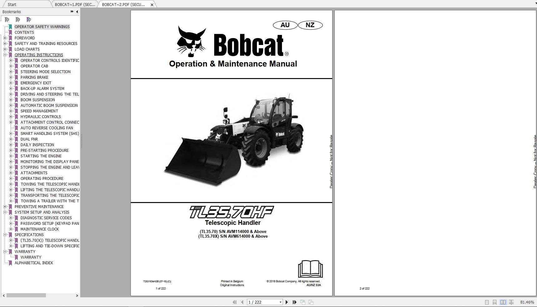 Bobcat Telescopic Handler TL3570HFX Operation Maintenance Manuals 1