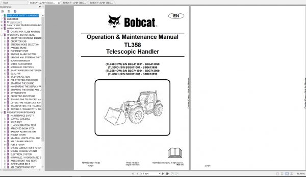 Bobcat Telescopic Handler TL358 Operation Maintenance Manuals 1