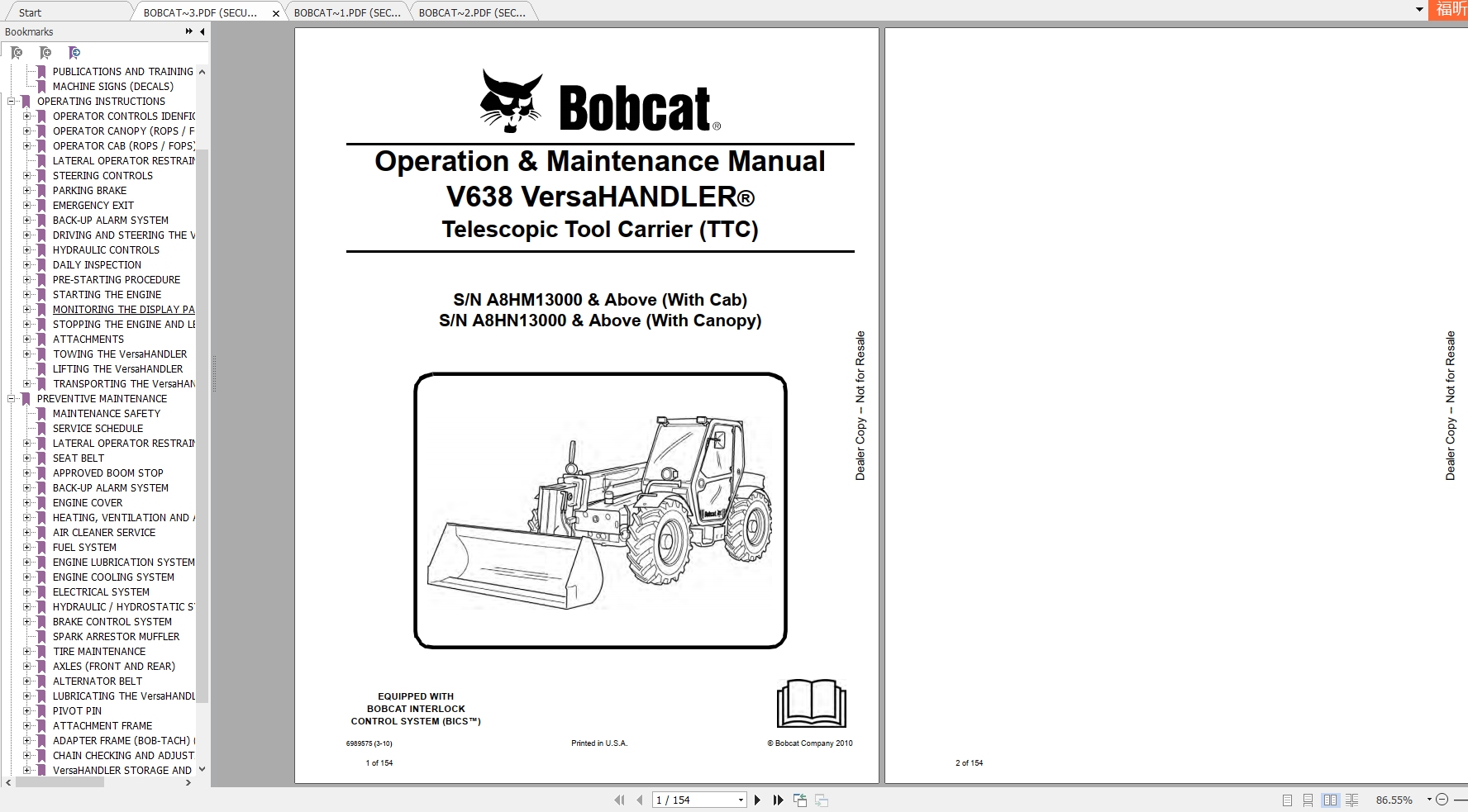 Bobcat VersaHandler TTC V638 Operation Maintenance Manuals 1