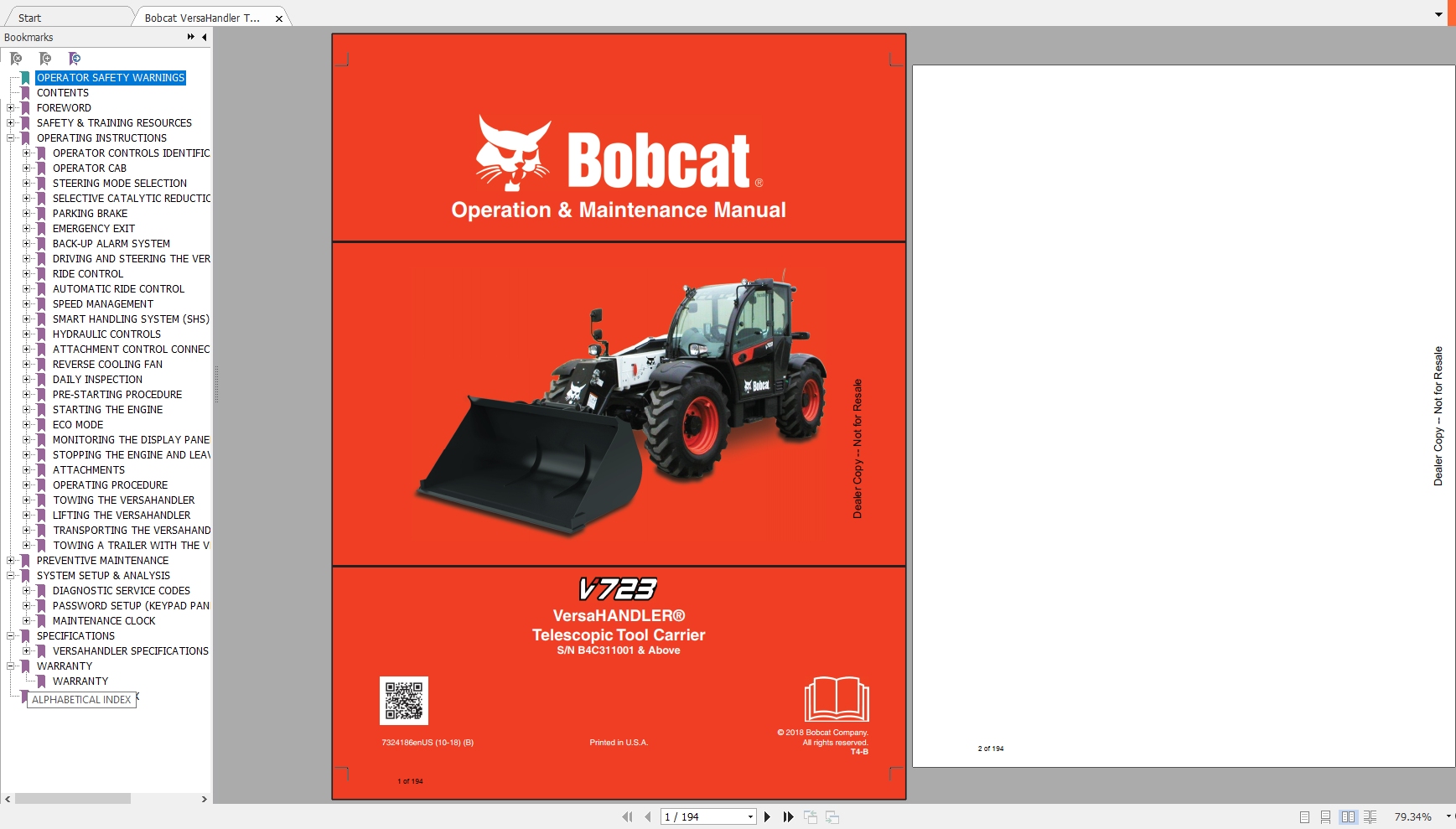 Bobcat VersaHandler TTC V723 Operation Maintenance Manual7324186 1