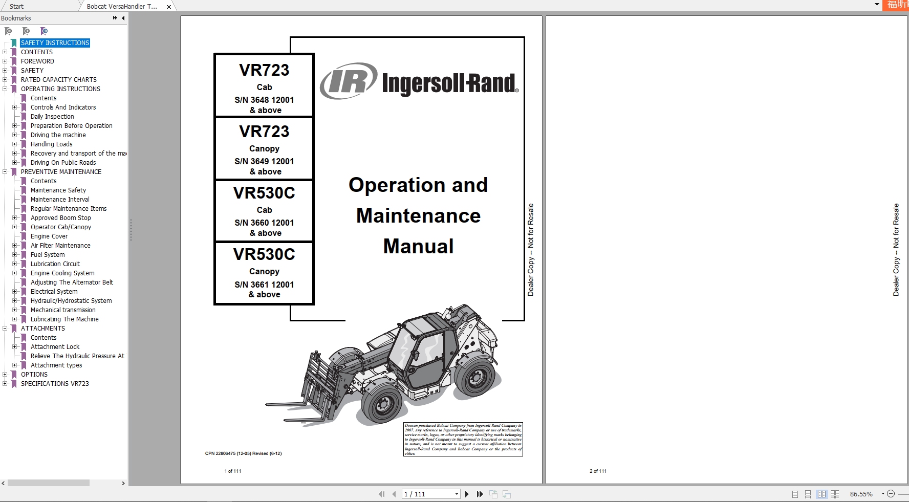 Bobcat VersaHandler TTC VR530C VR723 Operation Maintenance Manual22806475 1