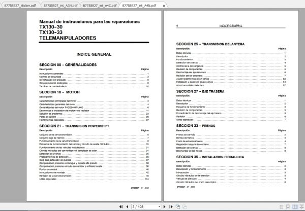 Case Telehanlers Excavator Tx130 30 Tx130 33 Service Manual87755827Es 2