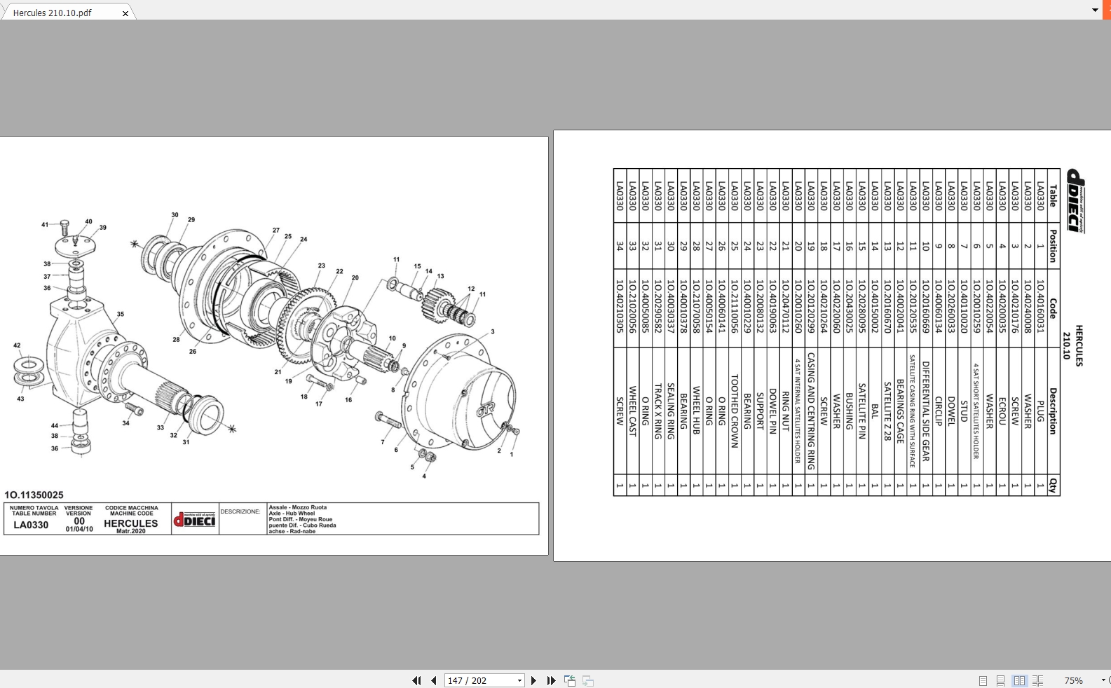DIECI Hercules 210.10 Spare Parts Catalog