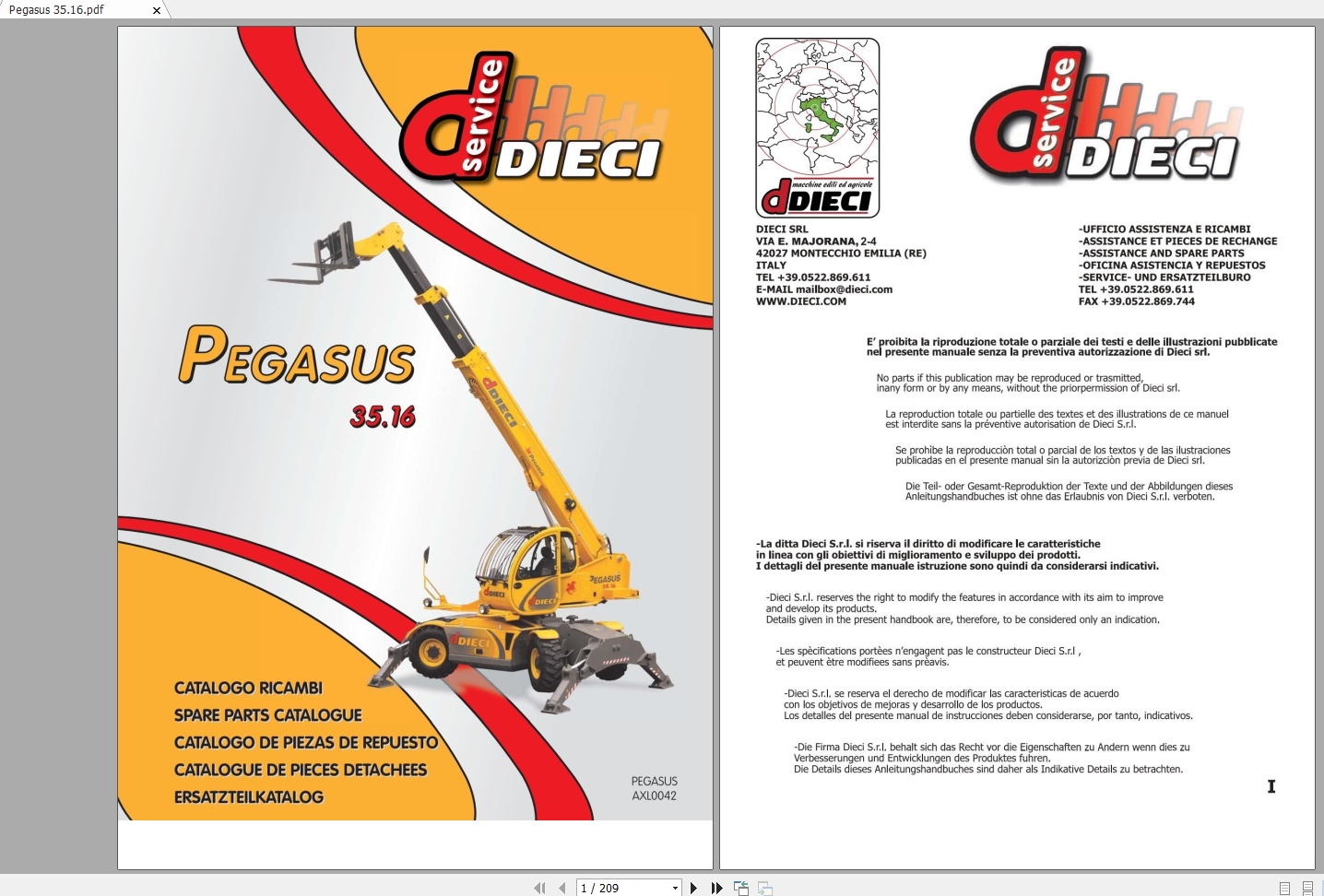 DIECI Pegasus 3516 Spare Parts CatalogAXL0042 1