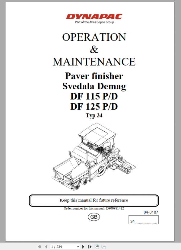 Dynapac Paver Finisher Svedala Demag DF115 DF125P D Operation Maintenance ManualEN 1