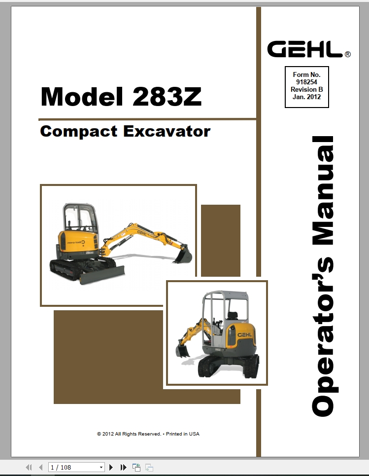 GEHL Compact Excavator 283Z Operators Manual918254 1