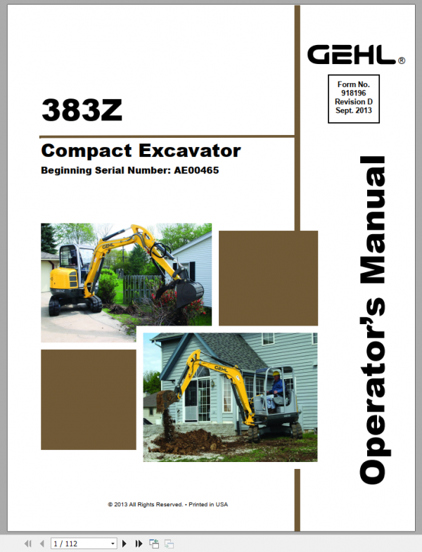 GEHL Compact Excavator 383Z Operators Manual918196 1