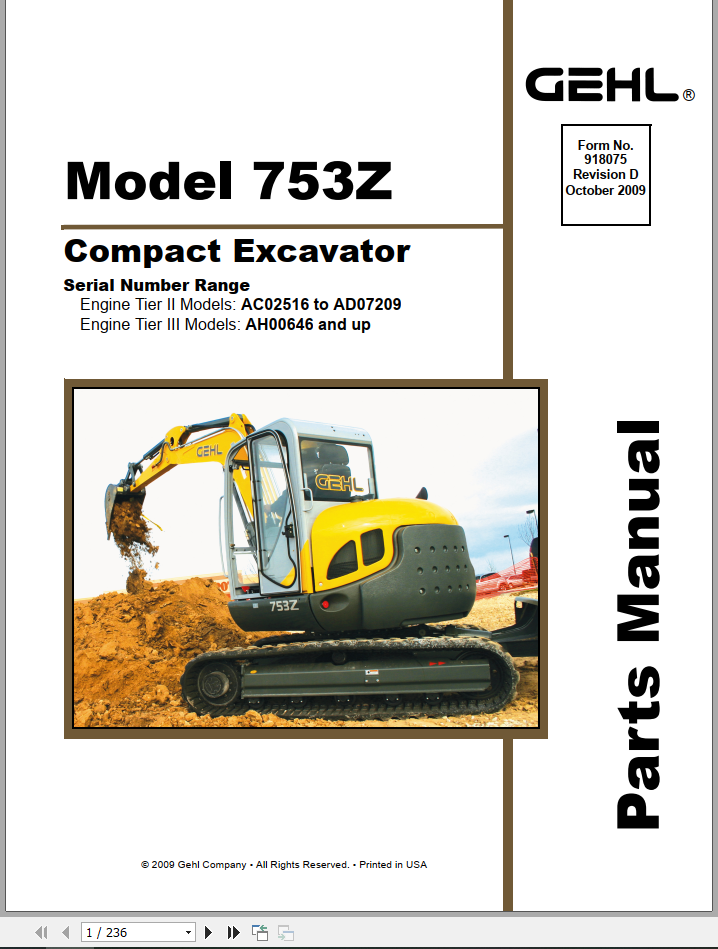 GEHL Compact Excavator 753Z Parts Manual918075D 1