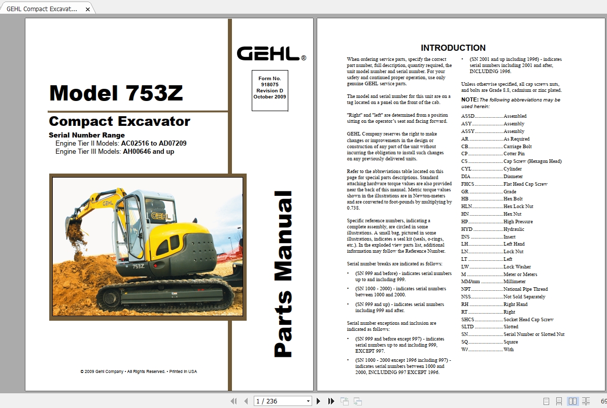 GEHL Compact Excavator 753Z Parts Manual 1