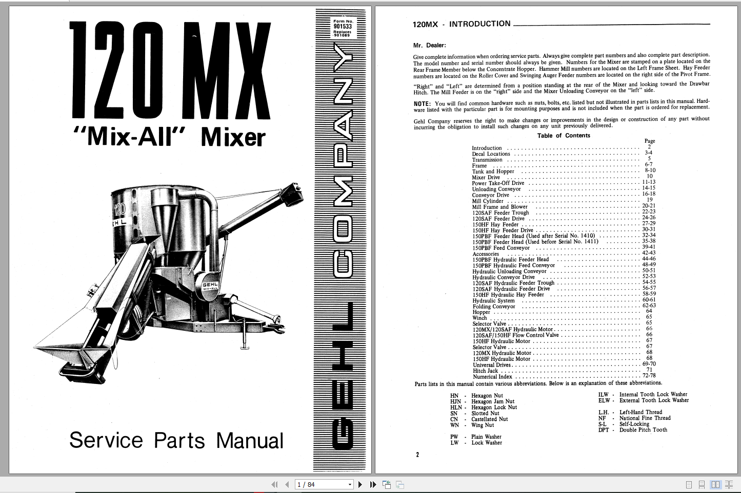 GEHL MixAll Mixer 120MX Service Parts Manual