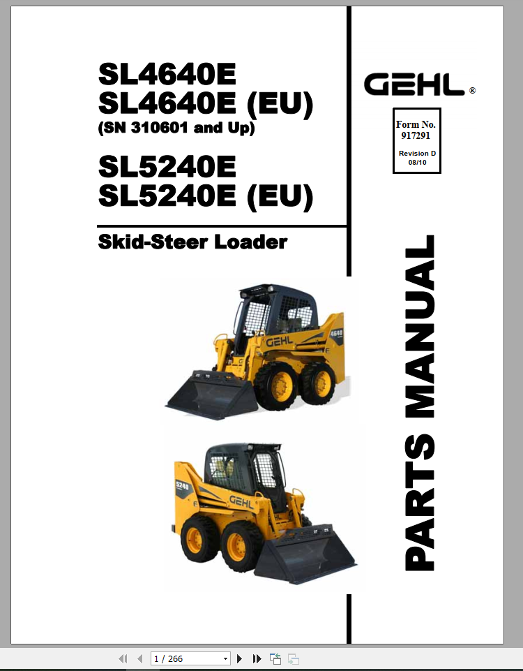 GEHL Skid Steer Loader SL4640EEU SL5240EU Parts Manual 1