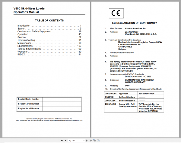 GEHL Skid Steer Loader V400 V400EU Operators Manual 2