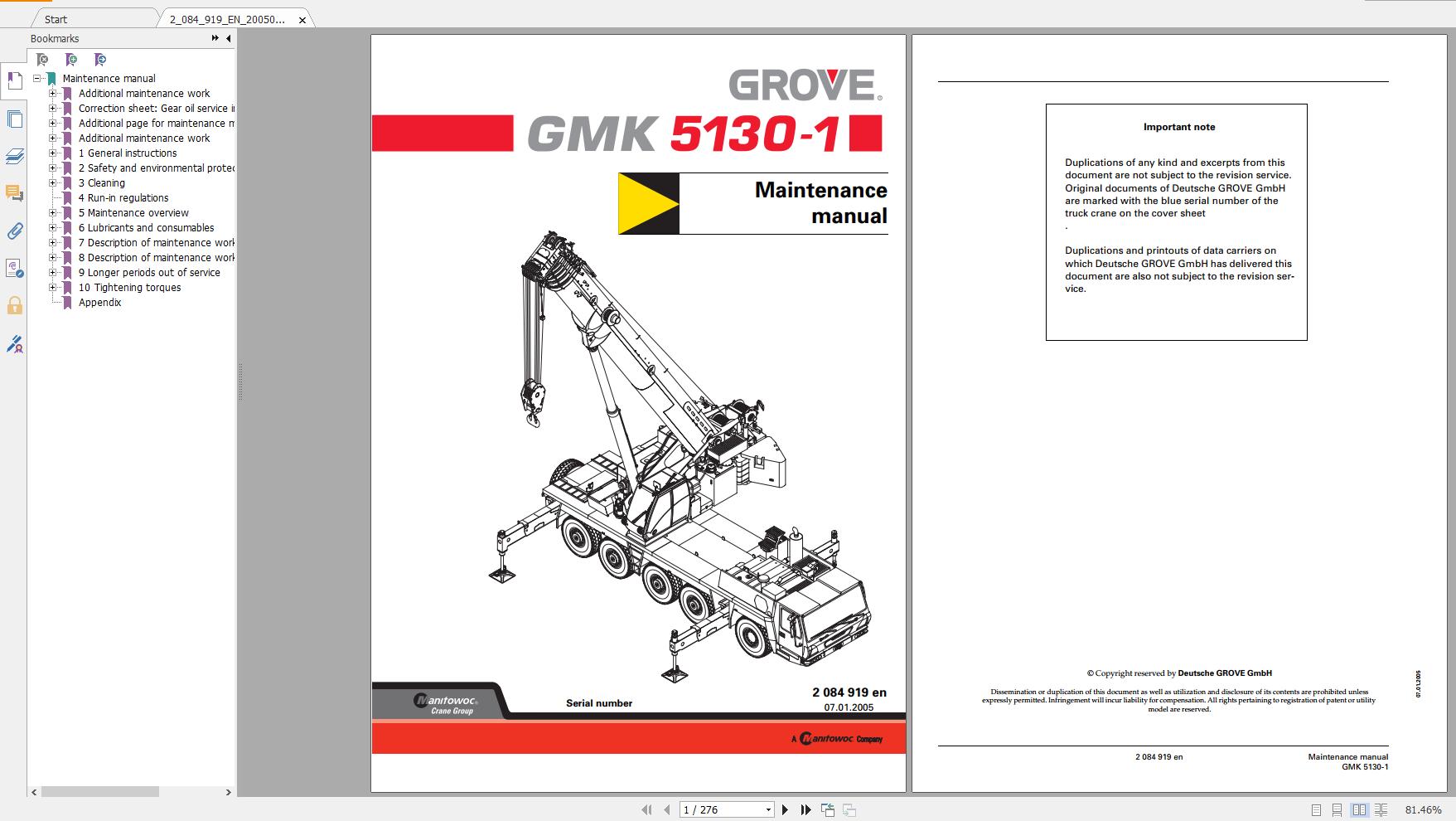 Grove Mobile Crane GMK51301 Operating instructions & Maintenance Manual