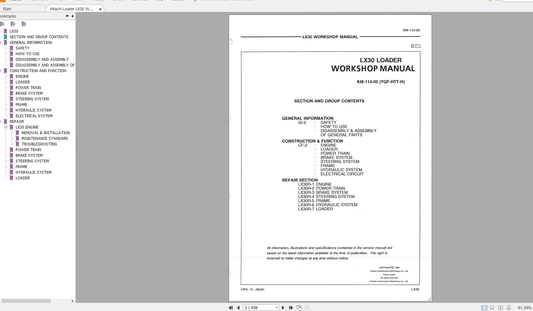 Hitachi Loader LX30 Workshop ManualKM114 00 1