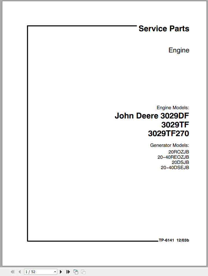 John Deere 3029DF 3029TF 3029TF270 Engine Service PartEN 1