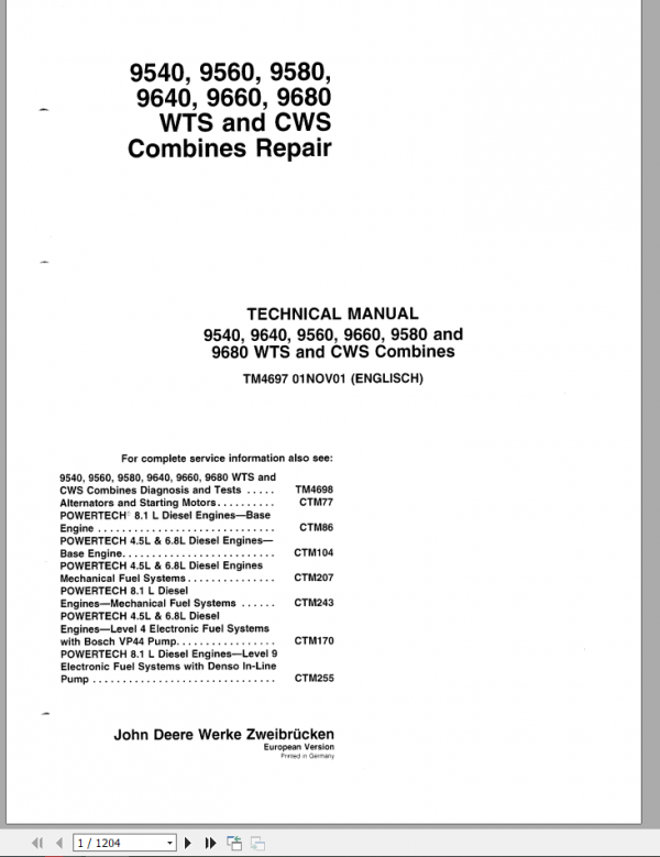 John Deere 9540 9560 9580 9640 9660 9680 WTS CWS Combines Repair Technical ManualEN 1
