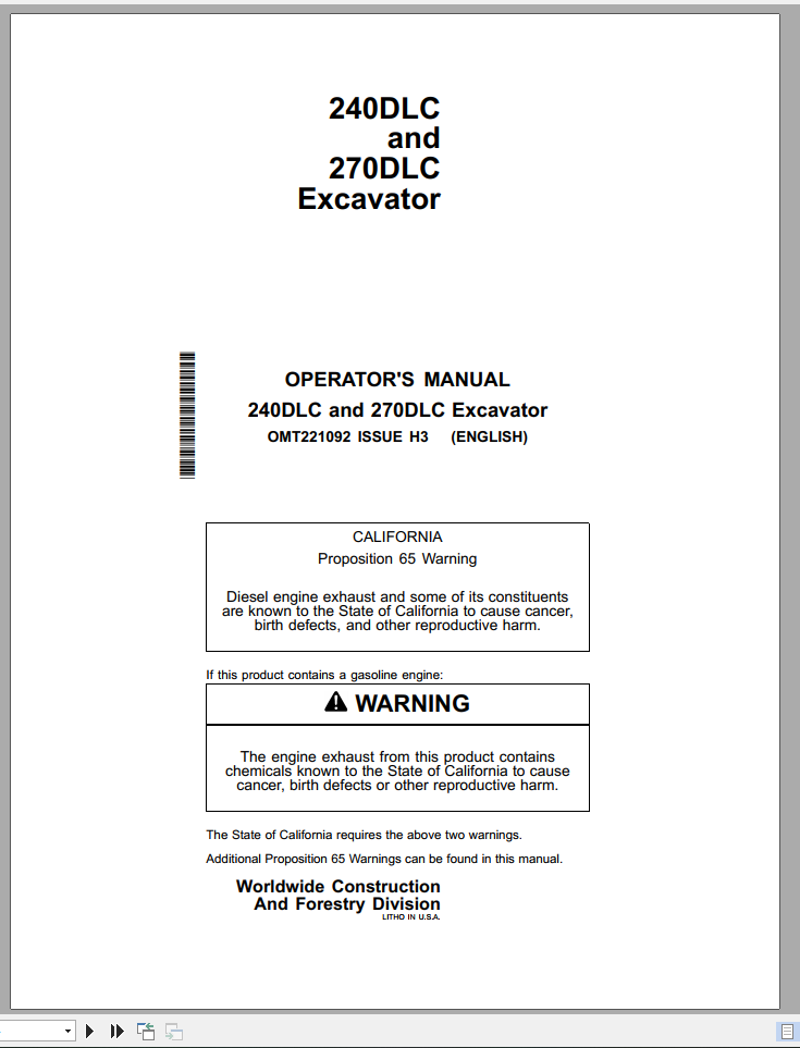 John Deere Excavator 240DLC 270DLC Operators ManualEN 1