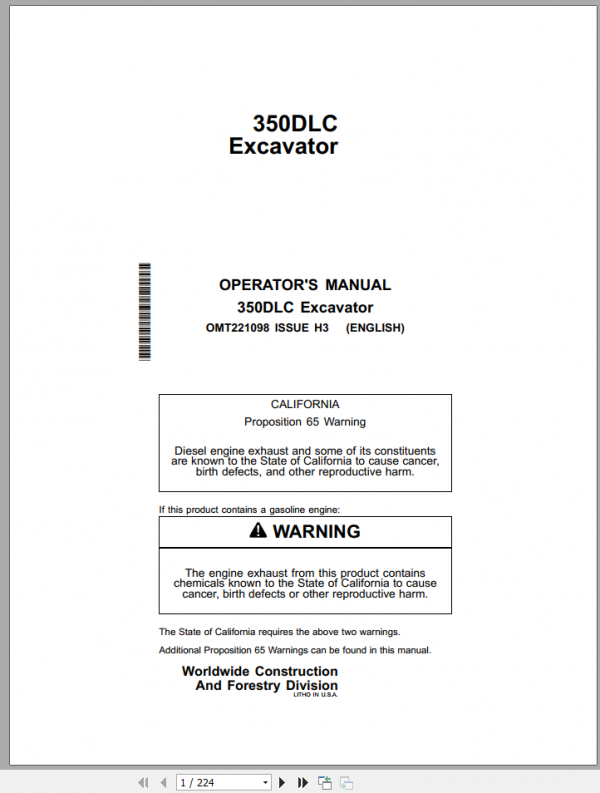 John Deere Excavator 350DLC Operators ManualEN 1