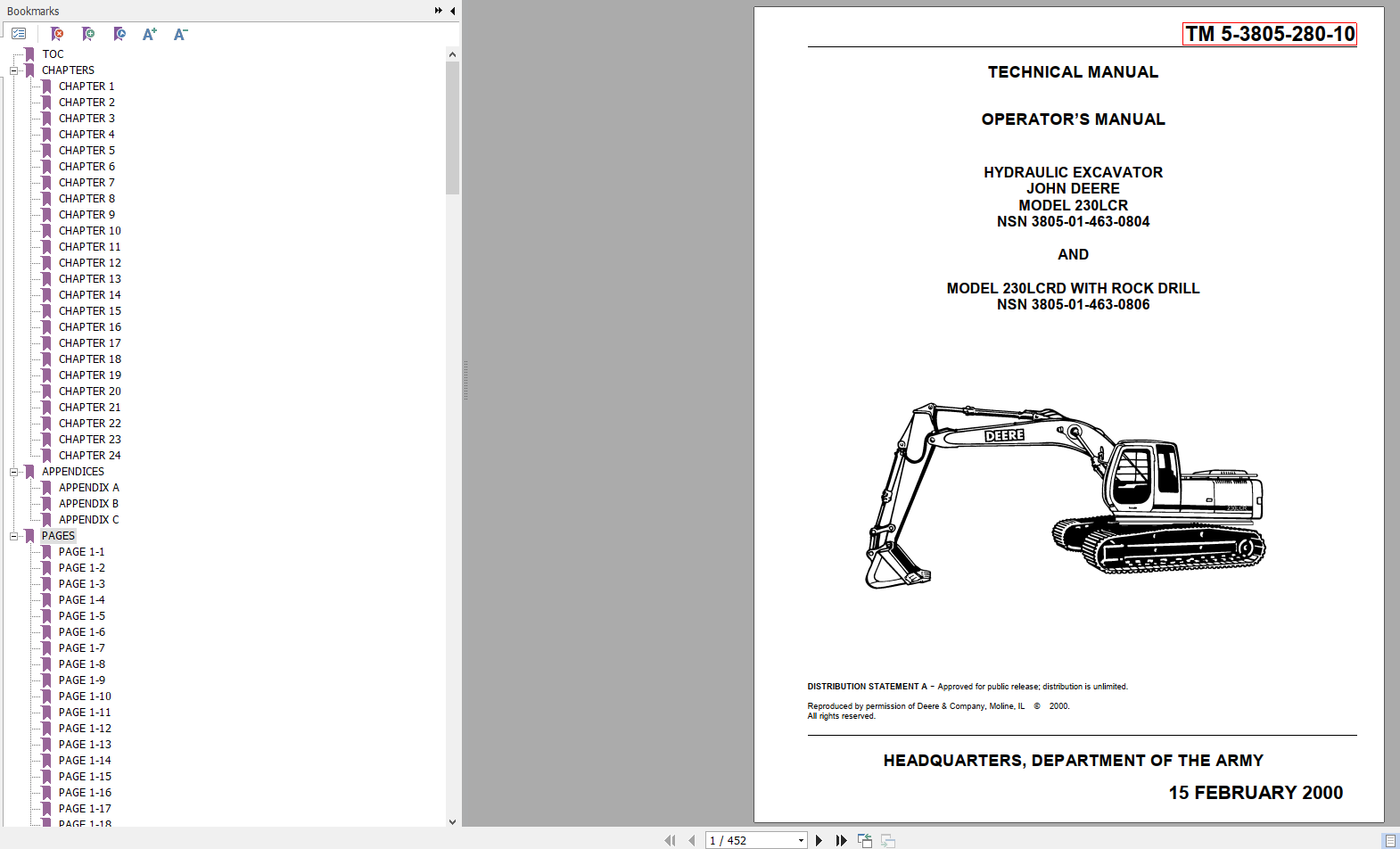John Deere Hydraulic Excavator 230LCR Operators Technical ManualEN 1
