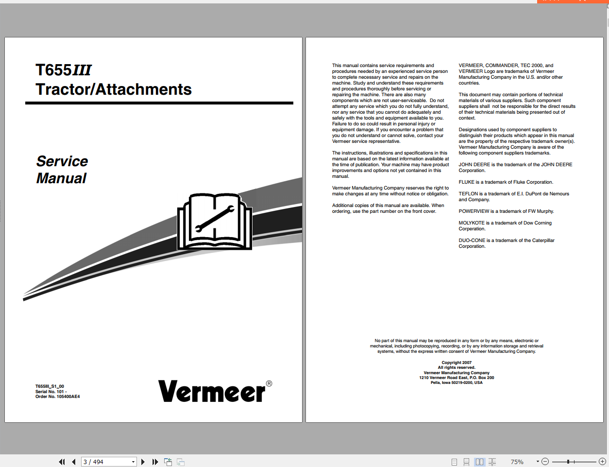 John Deere Tractor Vermeer T655III Service ManualEN 1
