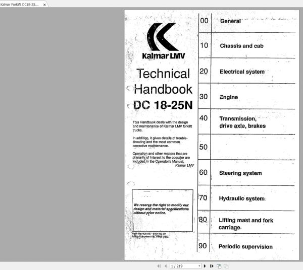 Kalmar Forklift DC18 25N Technical HandBook920937 90949210 1