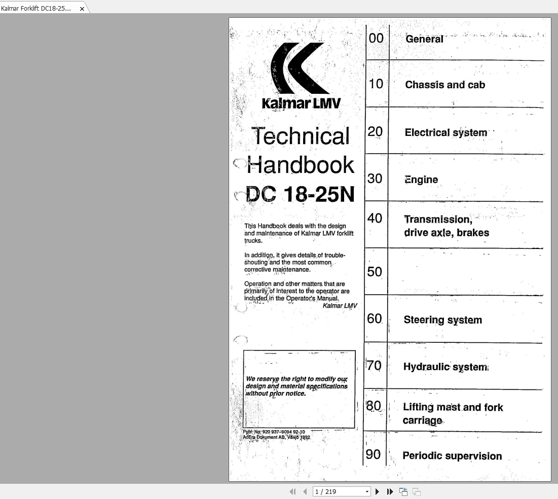 Kalmar Forklift DC18 25N Technical HandBook920937 90949210 1