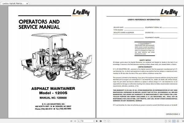 Leeboy Asphalt Maintainer 1200S Operators Service Manual 1