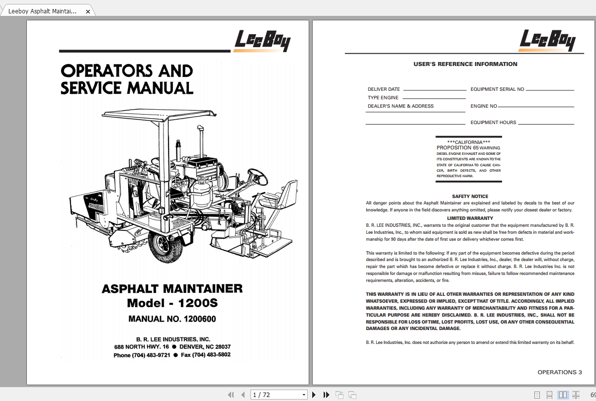 Leeboy Asphalt Maintainer 1200S Operators Service Manual 1