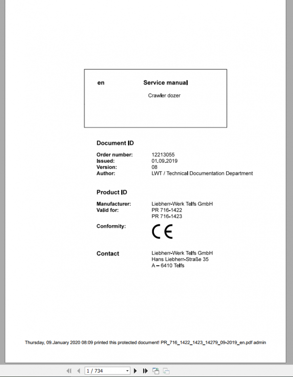Liebherr Crawler Dozer PR 716 1422 1423 Service Manual