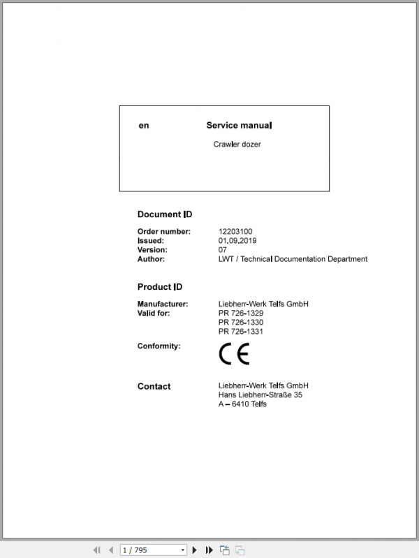 Liebherr Crawler Dozer PR 726 1329 1330 1331 Service Manual 1