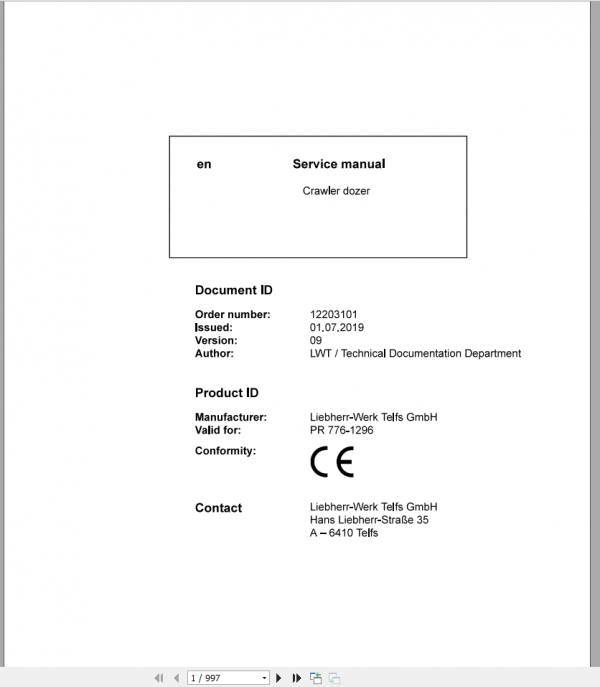 Liebherr Crawler Dozer PR 776 1296 12589 Service Manual