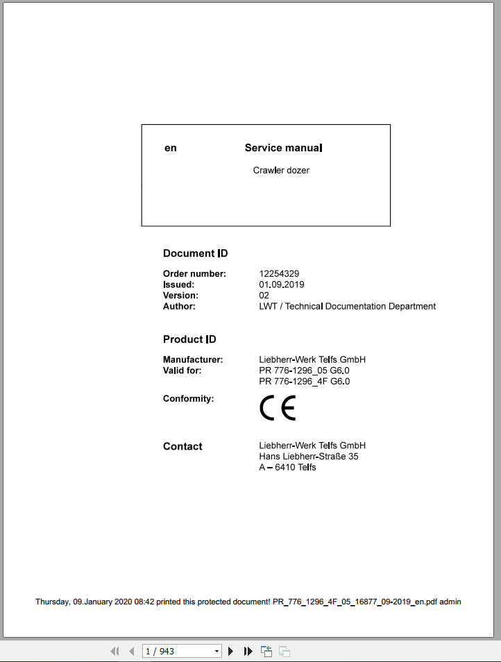 Liebherr Crawler Dozer PR 776 1296 4F 05 16877 Service Manual