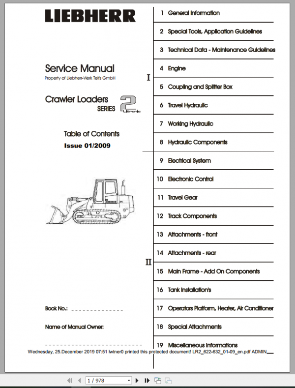 Liebherr Crawler Loader LR2 622 632 Service Manual