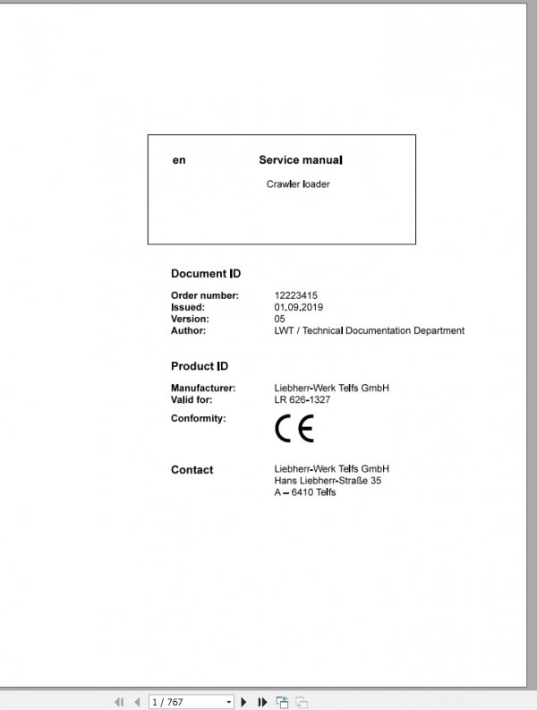 Liebherr Crawler Loader LR 626 Service Manual